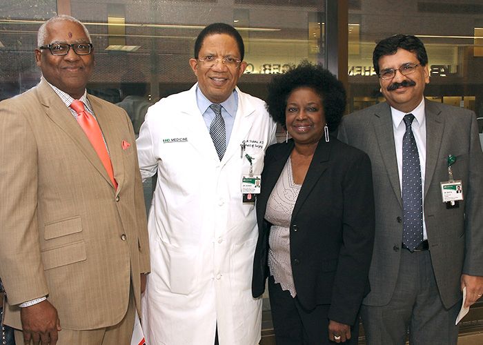 Sickle Cell Foundation Board President Michael Bell with UAB School of Medicine Dean Selwyn Vickers, M.D., Foundation Executive Director Sharon Lewis and Hematology/Oncology Division Director Ravi Bhatia, M.D.